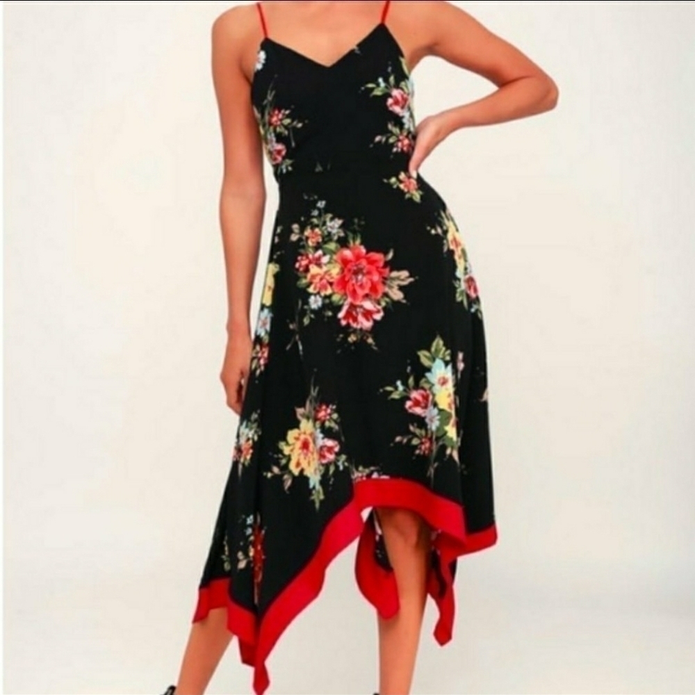 NWT Lulus Go Fleur a Twirl Black Floral Print Handkerchief Midi Dress, Size S